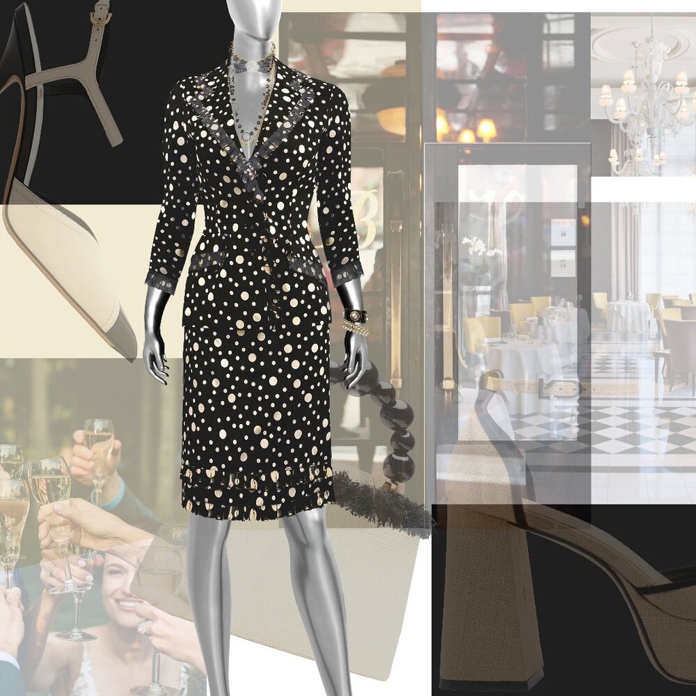 SKIRT SUIT Black-Cream Dot